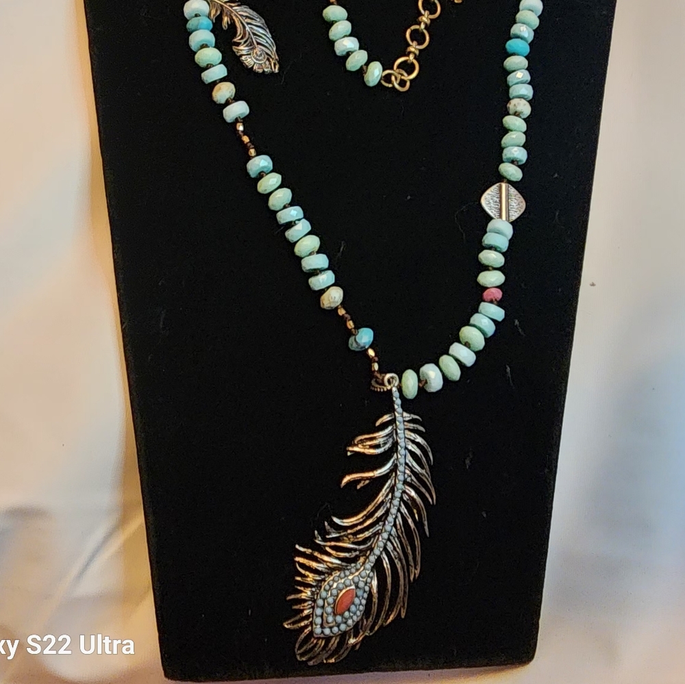 Lucky Brand 34" Southwestern Turqouise Coral Colored Silver Feathers NECKLACE - Picture 4 of 6